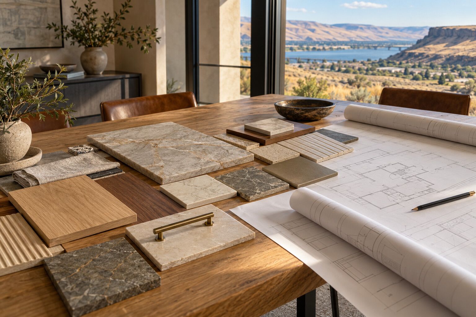 Stone, wood and tile samples laid out on a table next to rolled drawings