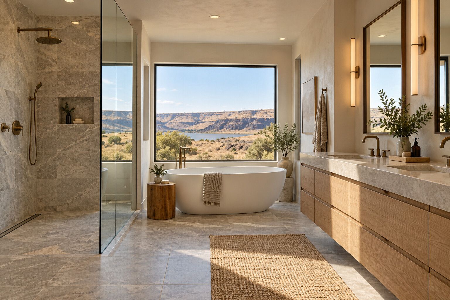 Primary bathroom with a curbless stone shower, freestanding tub by a window and a white oak double vanity