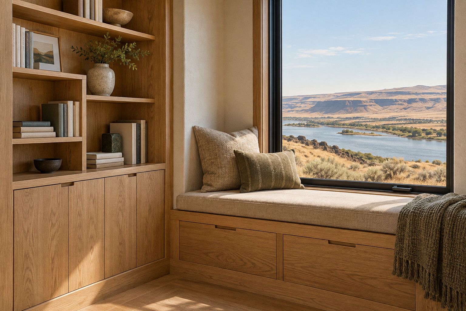 White oak window seat and bookcase