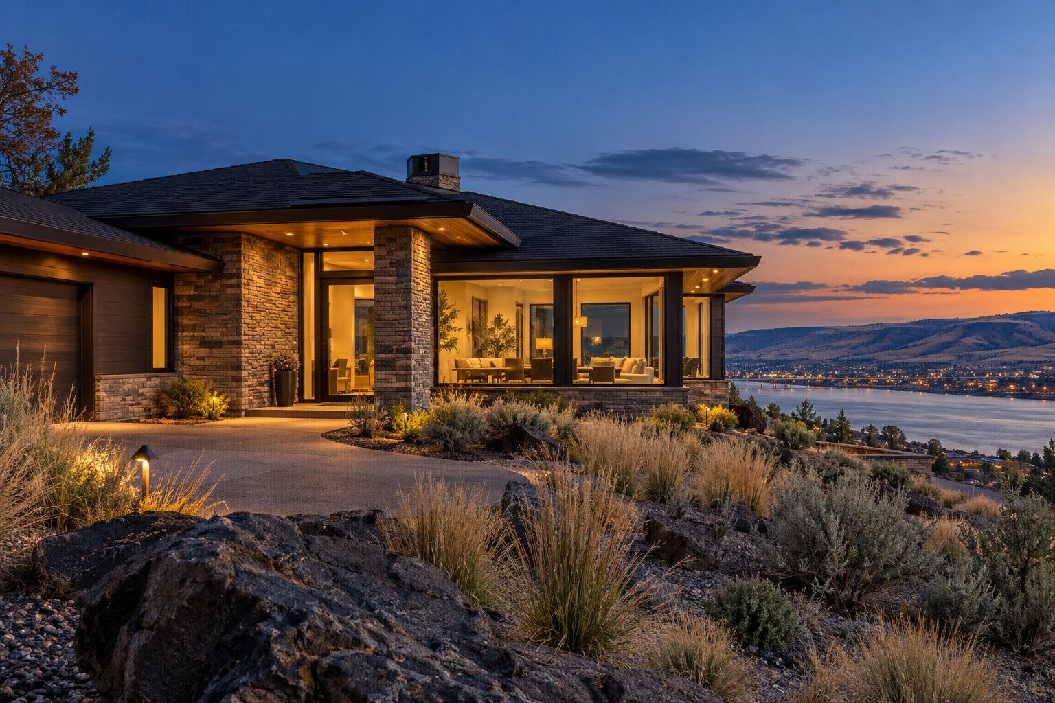 Custom single-story home at dusk above the river