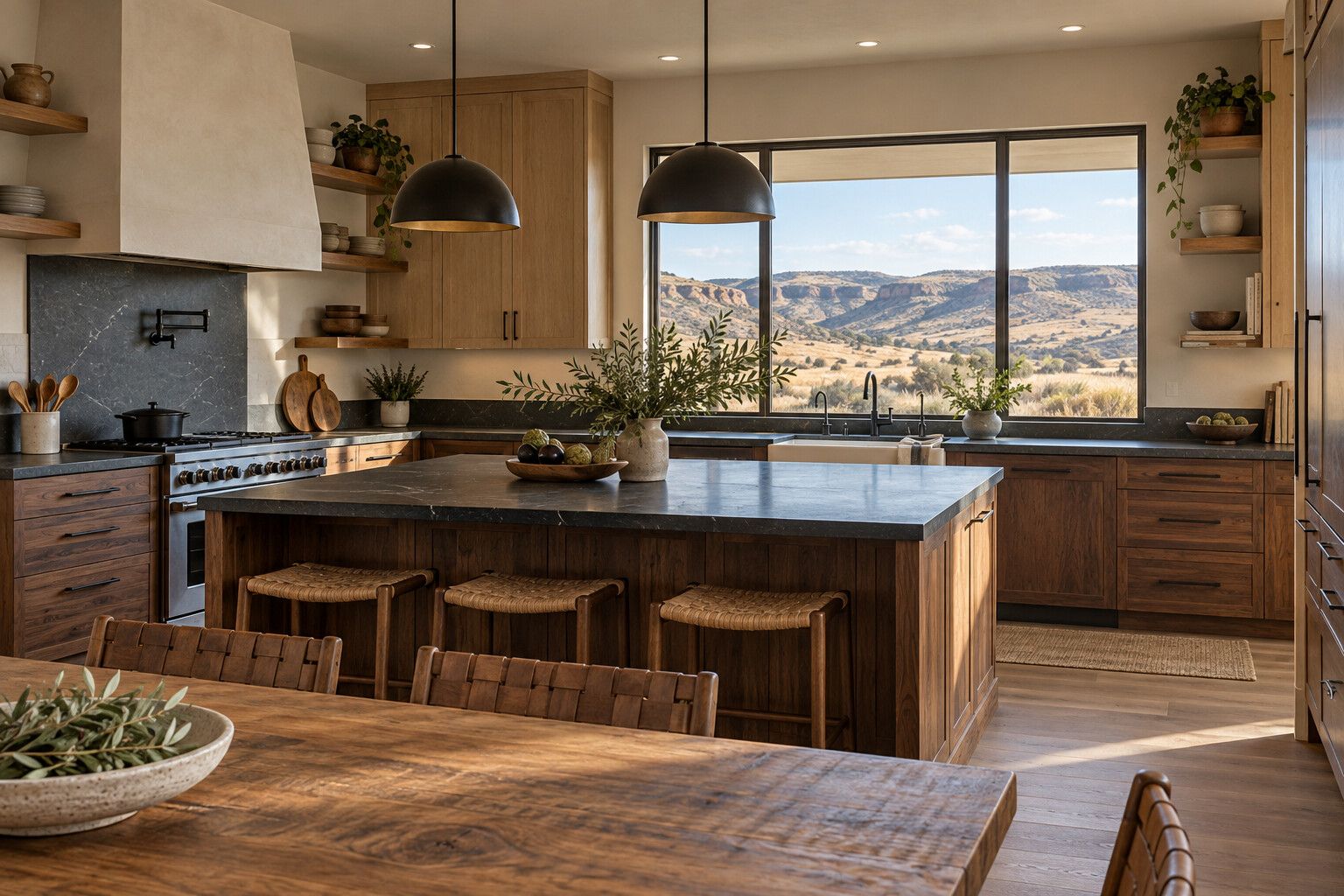 Kitchen with walnut lower cabinets, white oak shelving, soapstone counters and a plaster range hood
