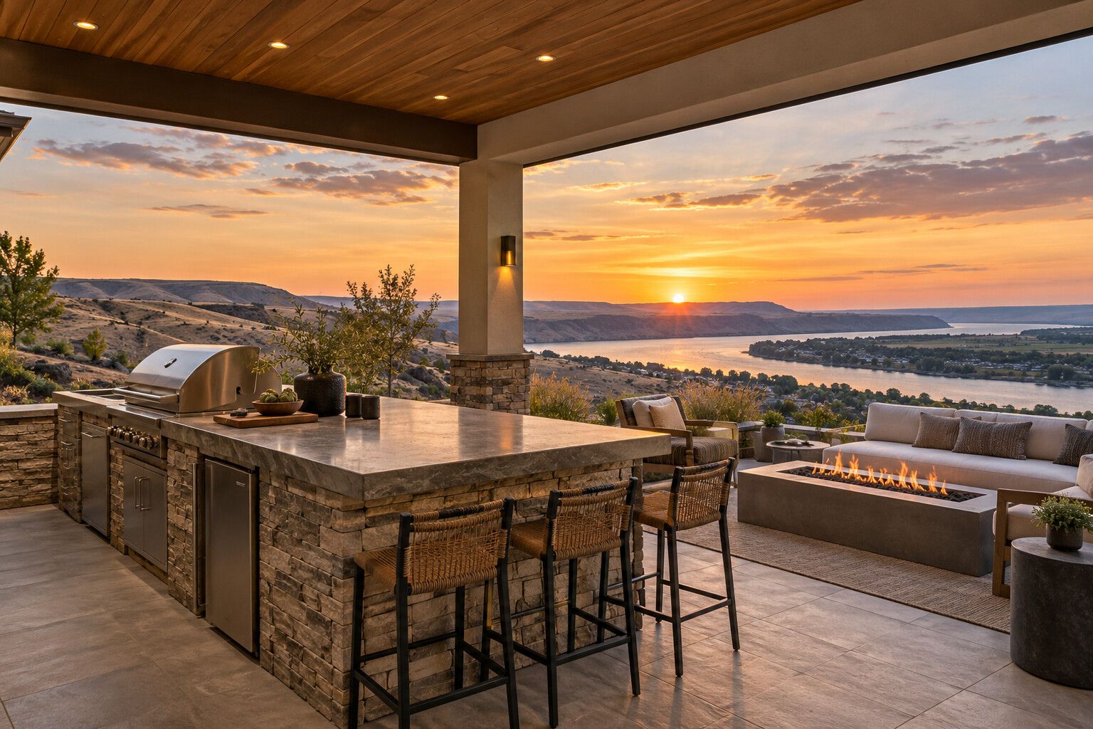 Covered patio and outdoor kitchen at sunset