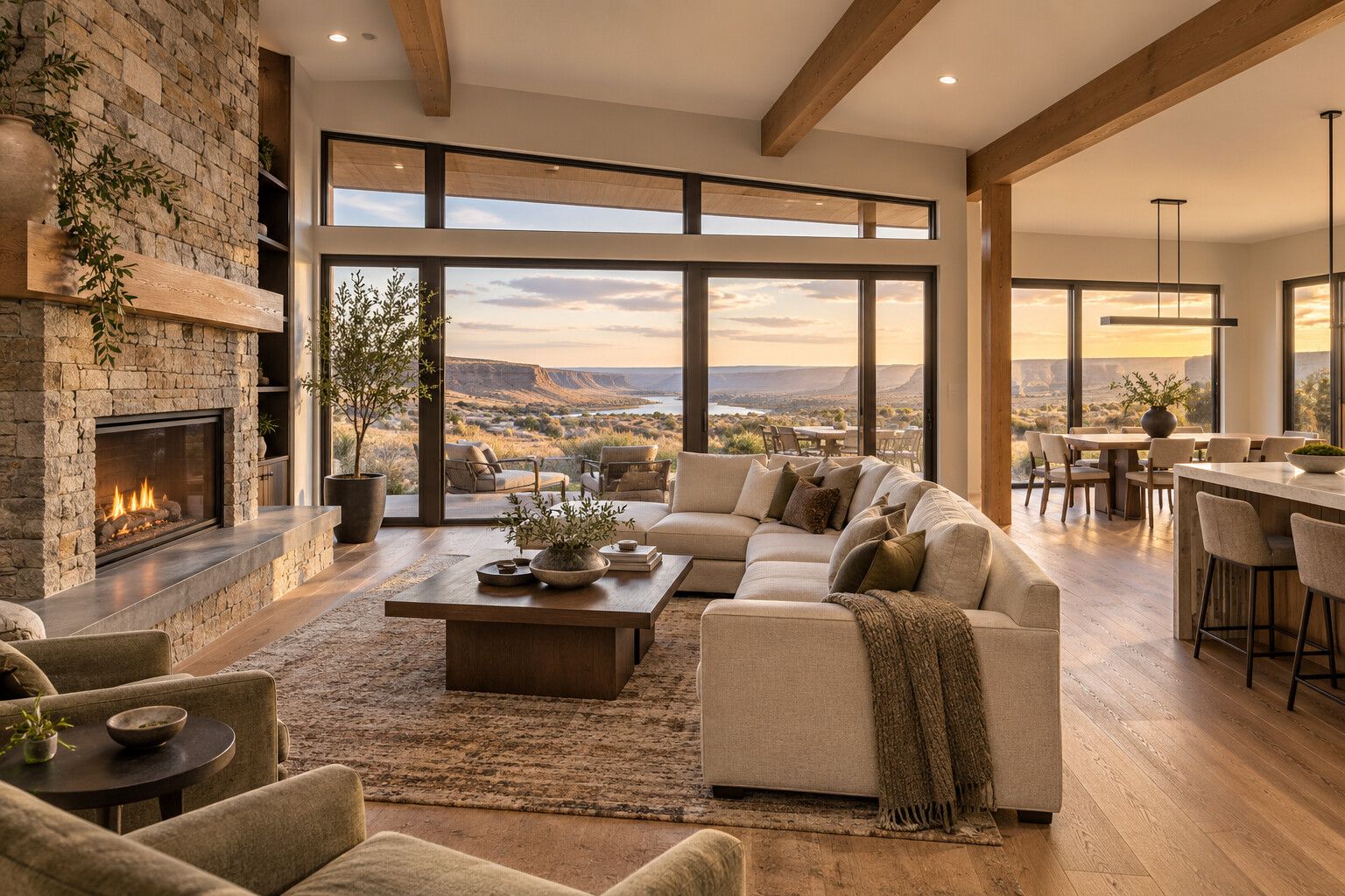 Great room with a vaulted beamed ceiling, stone fireplace and large windows onto a patio