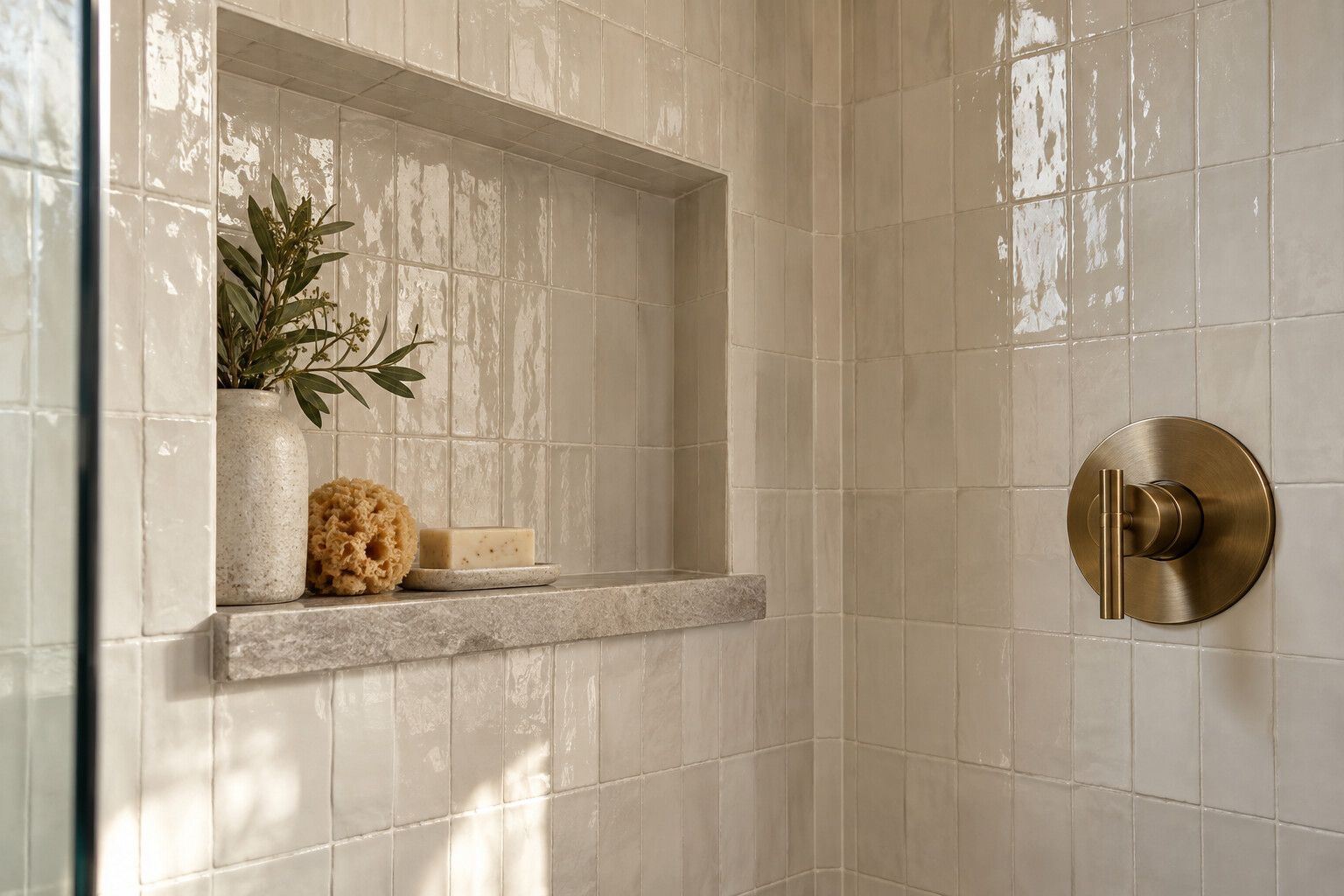 Handmade tile shower niche with stone shelf