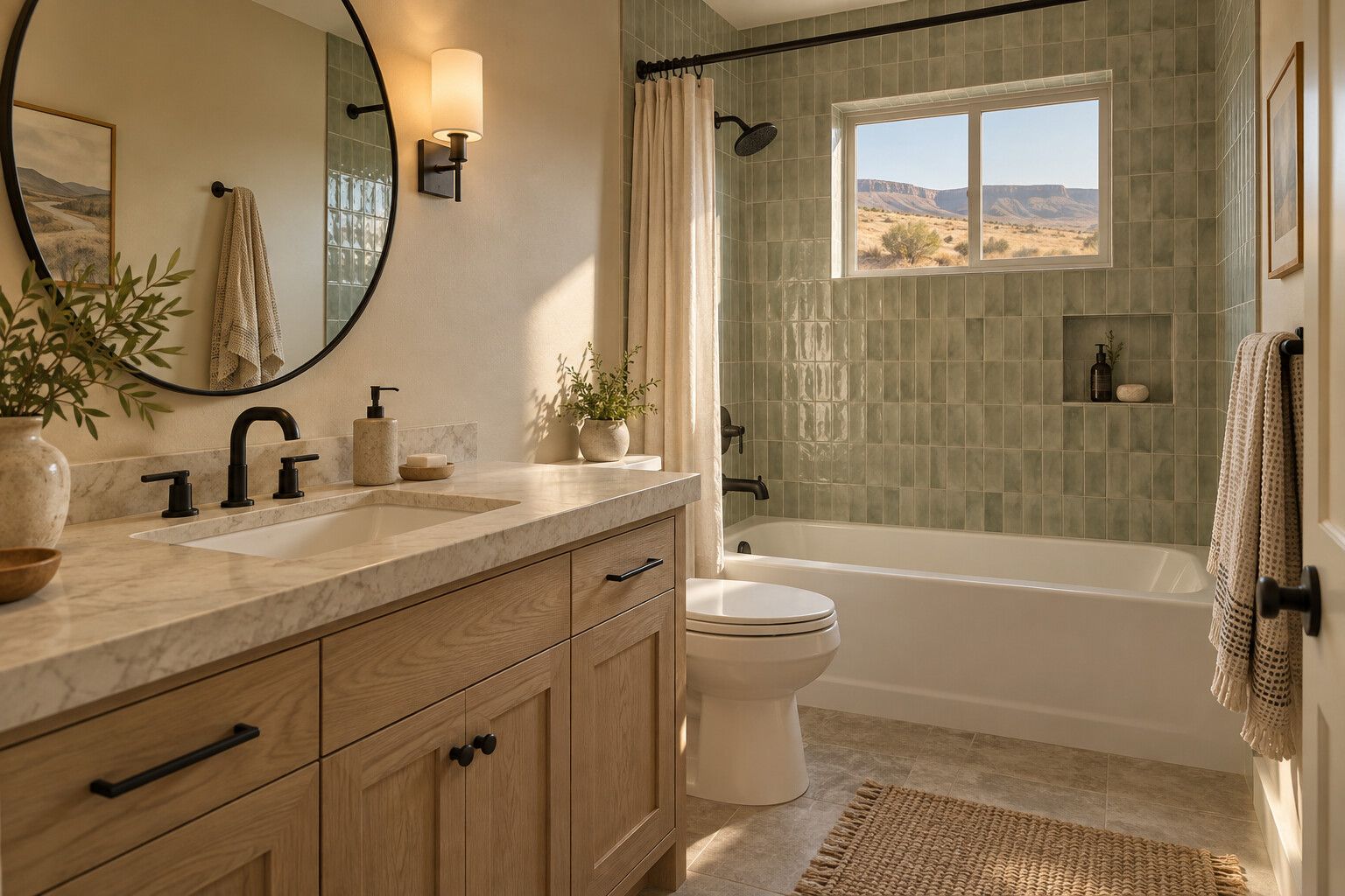 Guest bathroom with pale green tile and a white oak vanity