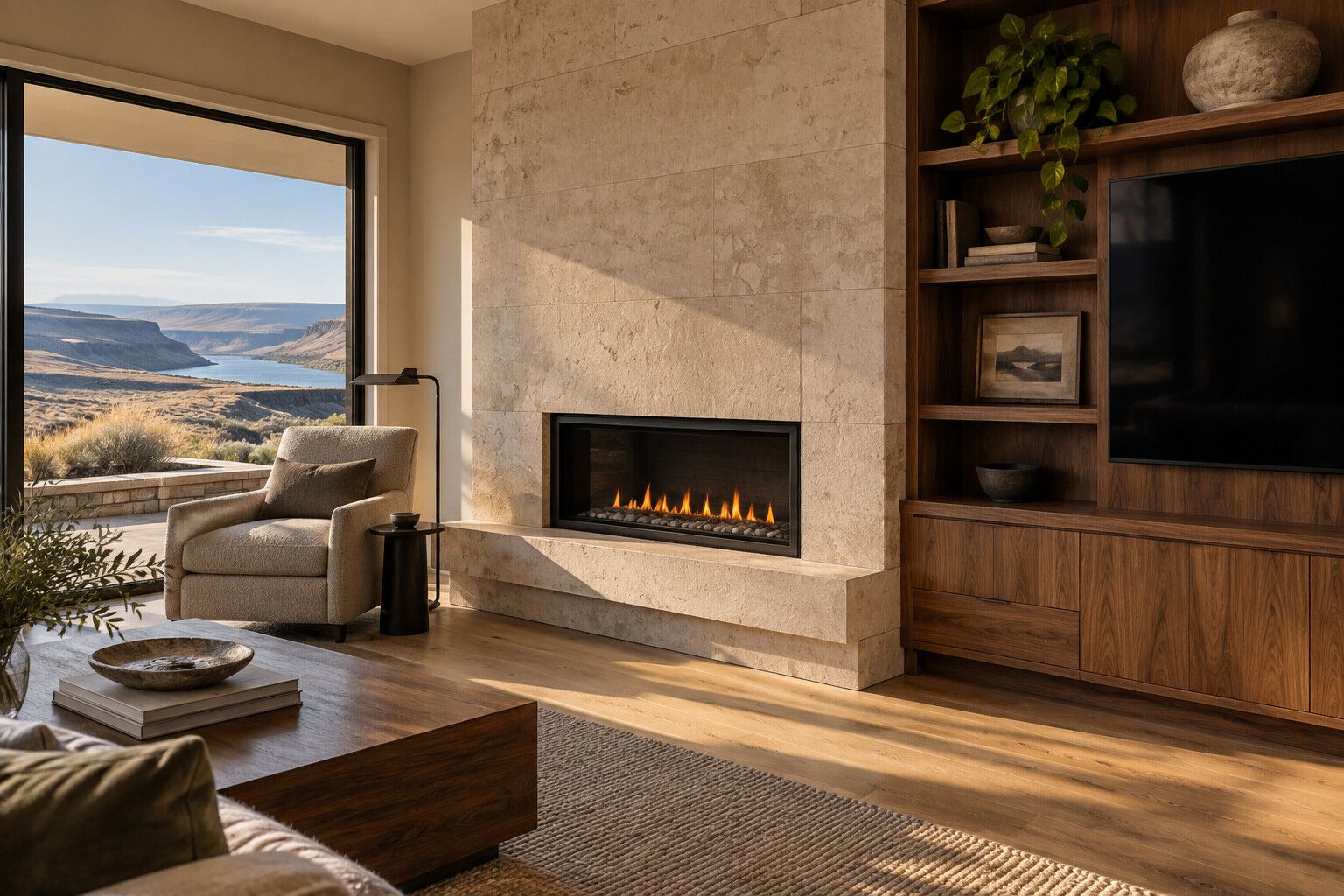 Living room with a limestone fireplace and walnut built-ins