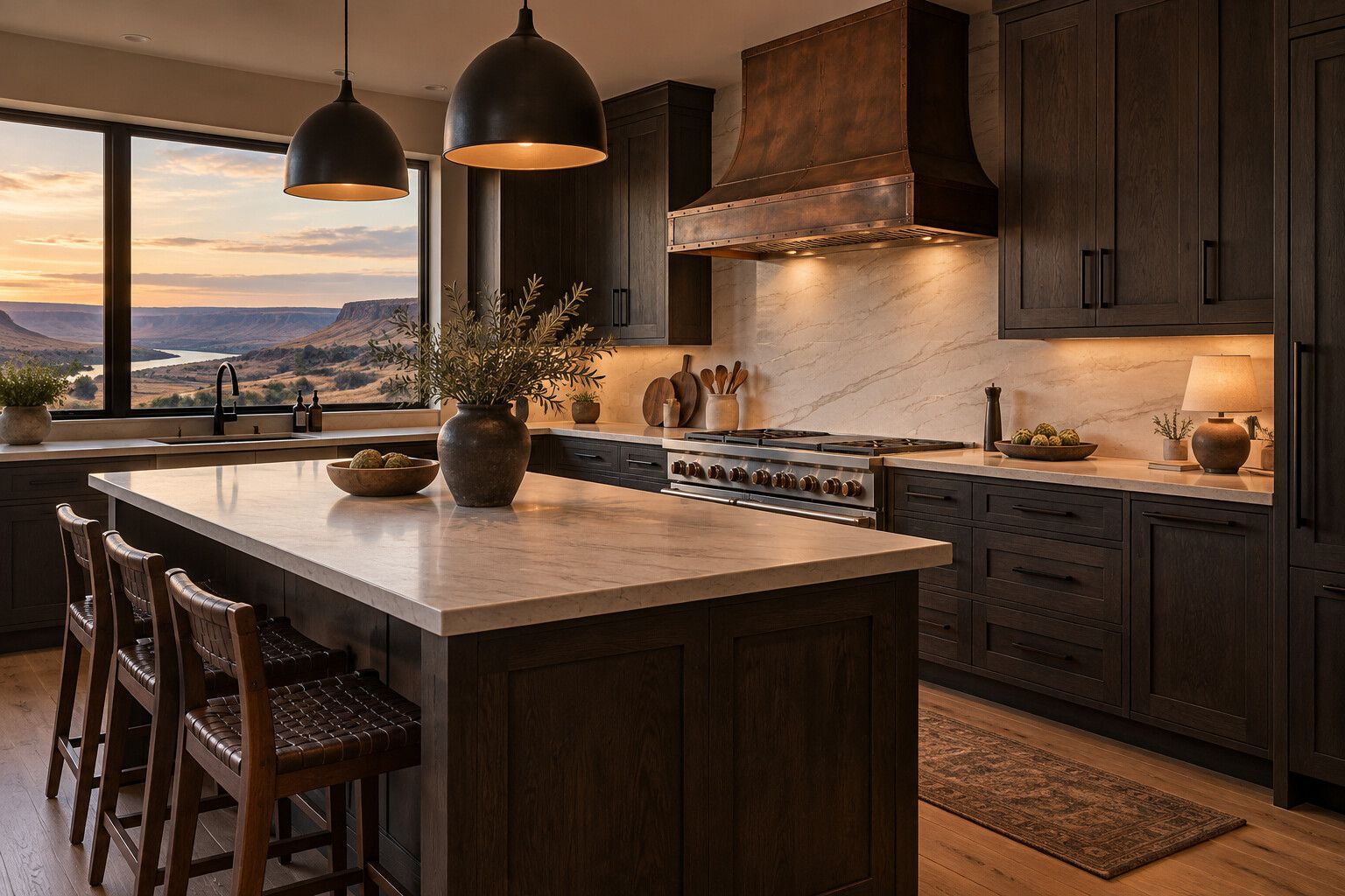 Kitchen with charcoal-stained oak cabinets, quartzite counters and a copper hood