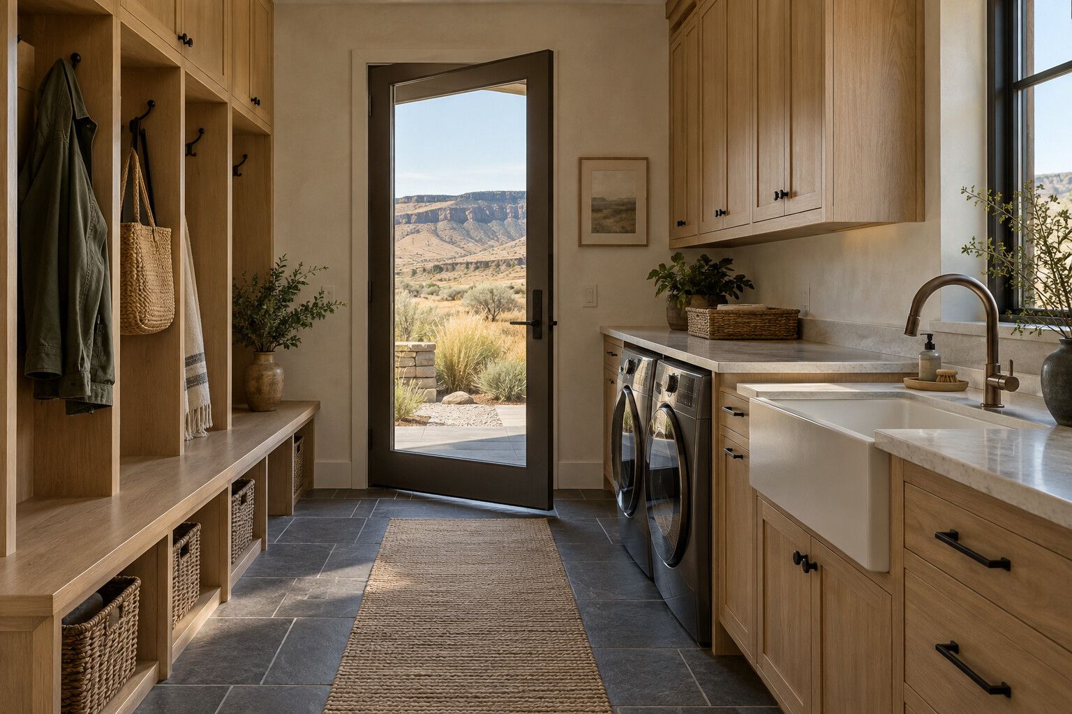 Mudroom with white oak lockers, bench and a deep sink