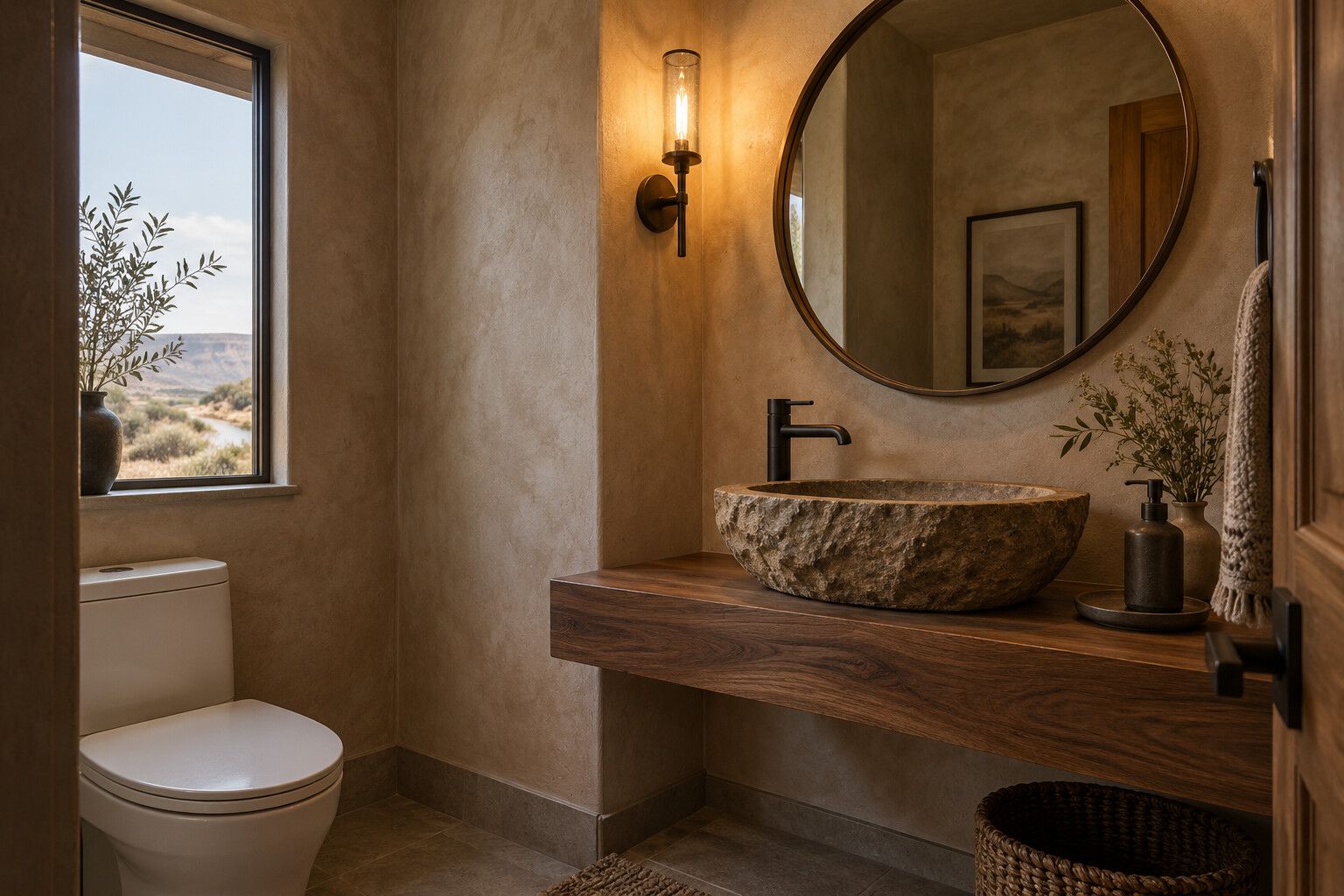 Powder room with a stone sink on a walnut shelf and limewash walls