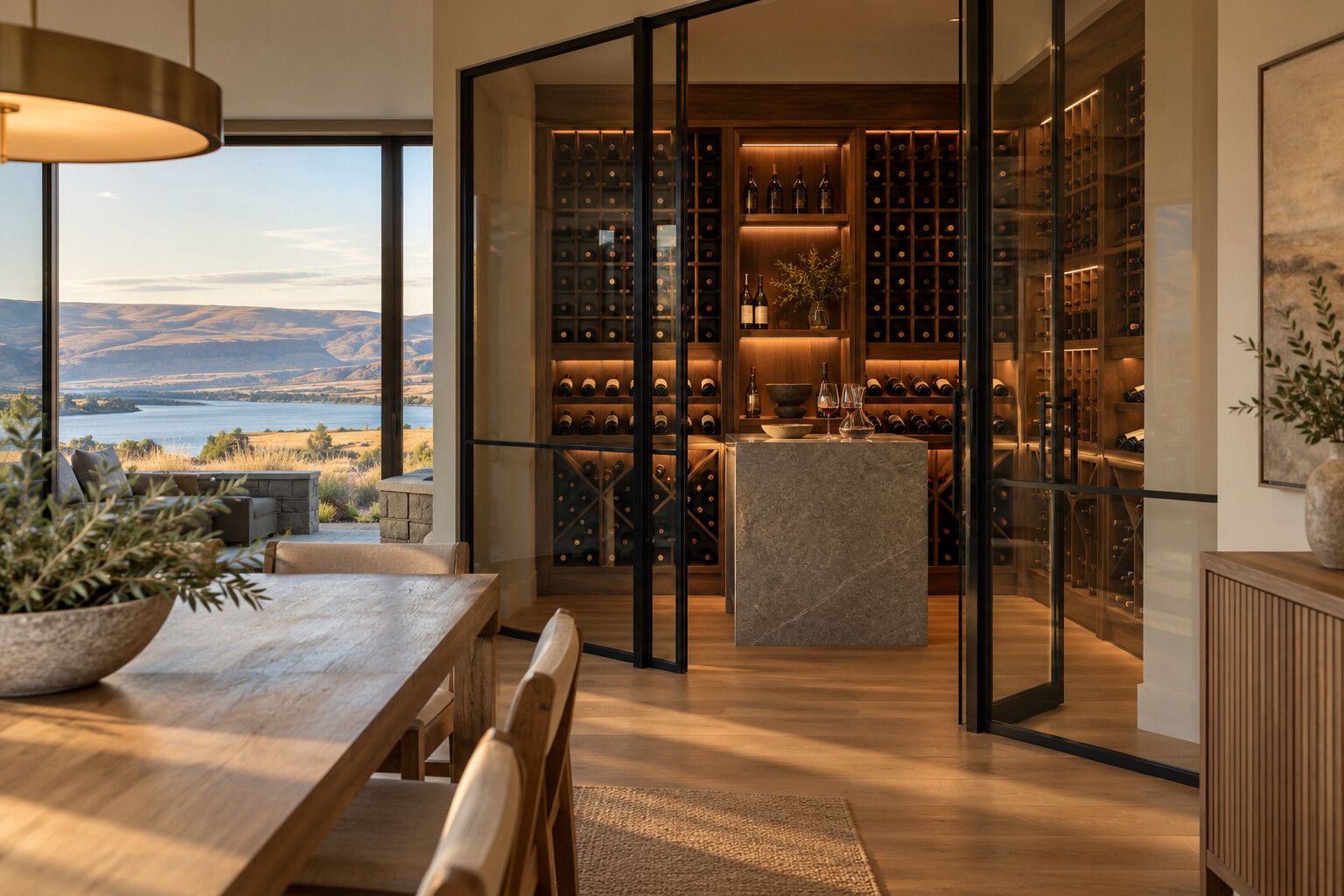 Wine room with walnut racking behind a steel-framed glass wall